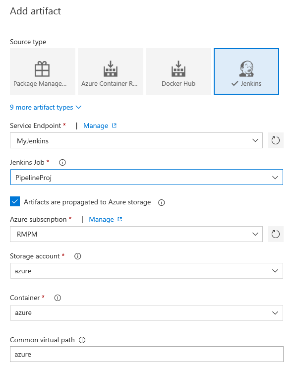 Opções para publicar artefatos do Jenkins no Azure Storage