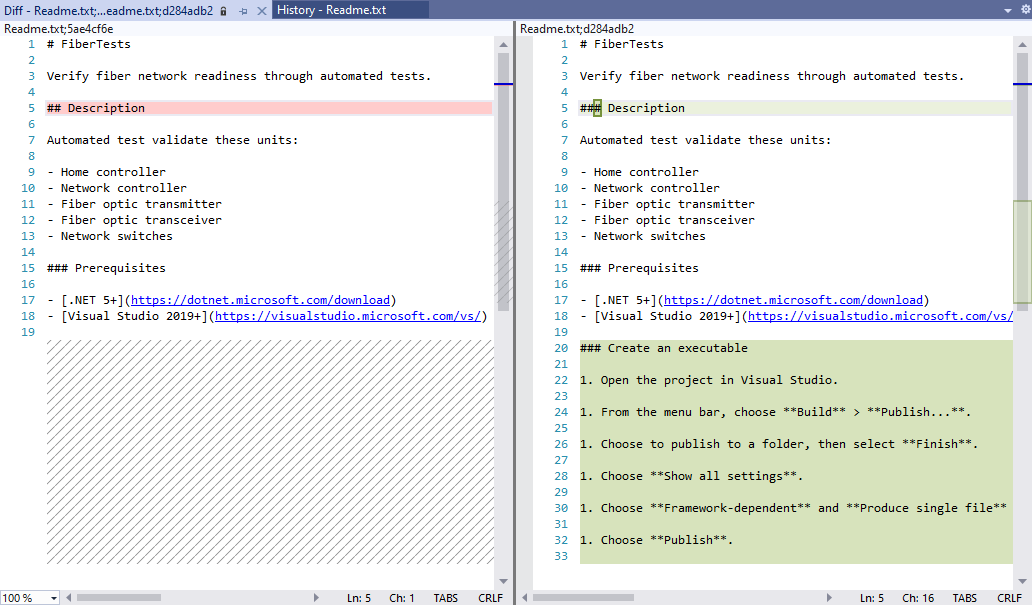 Captura de tela da exibição de diferenciação de arquivo no Visual Studio 2022.