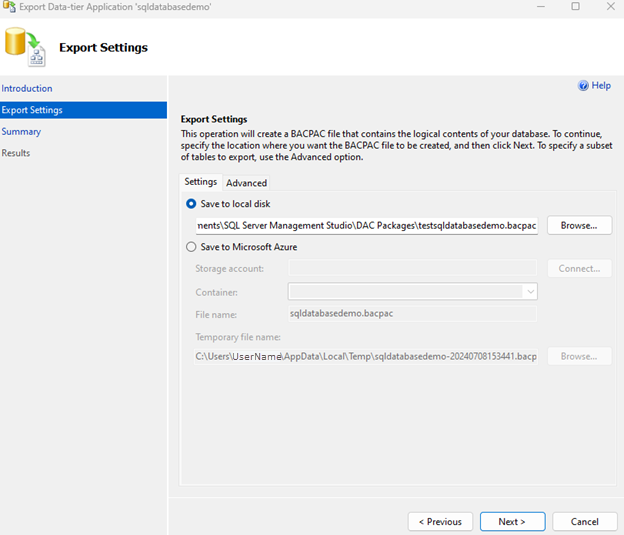 Captura de tela mostra o local de armazenamento de arquivos bacpac inserido na tela Configurações de Exportação.