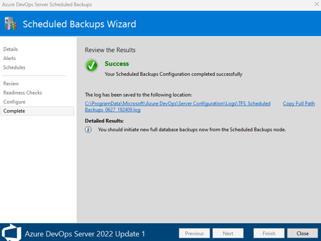 A captura de tela mostra a configuração de backup bem-sucedida.