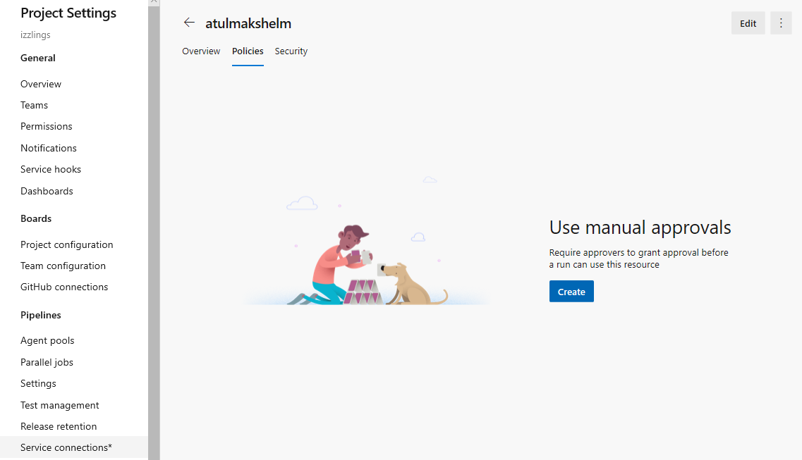 Captura de tela mostrando a guia Políticas com a página Usar aprovações manuais e a opção Criar visível.