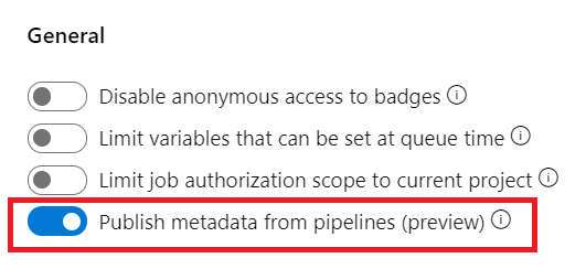 Captura de tela da caixa de diálogo Geral com a opção Publicar metadados da opção pipelines ativada.