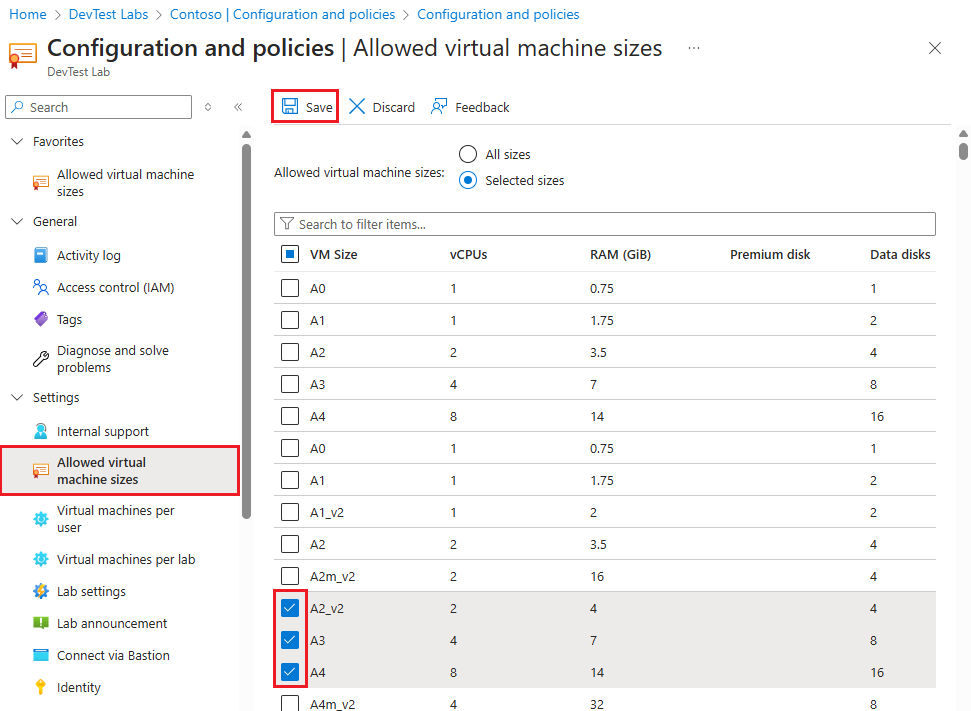 Captura de tela mostrando tamanhos de VM permitidos.