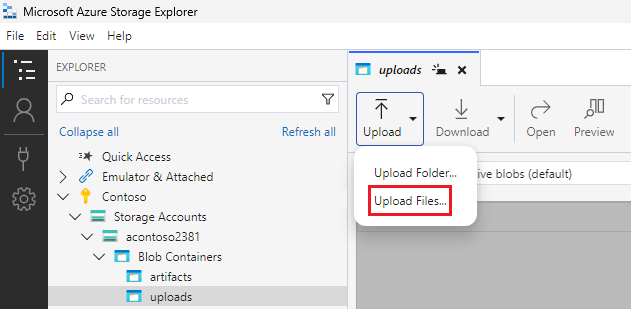 Captura de tela que mostra o botão Upload e Upload de Arquivos.