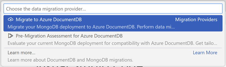 Screenshot da paleta de comandos mostrando a opção de migração em Visual Studio Code.