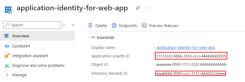 A captura de tela mostra a página Visão geral aberta para a identidade do aplicativo da web e os valores selecionados para o ID do aplicativo (cliente) e o ID do diretório (locatário).