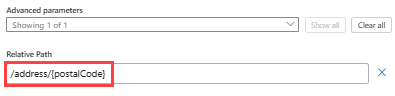 A captura de tela mostra o fluxo de trabalho Standard, o gatilho de solicitação e o valor do parâmetro de caminho relativo.