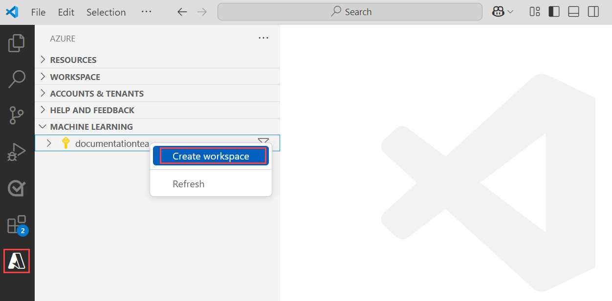 Captura de tela que mostra a opção de criar um workspace.