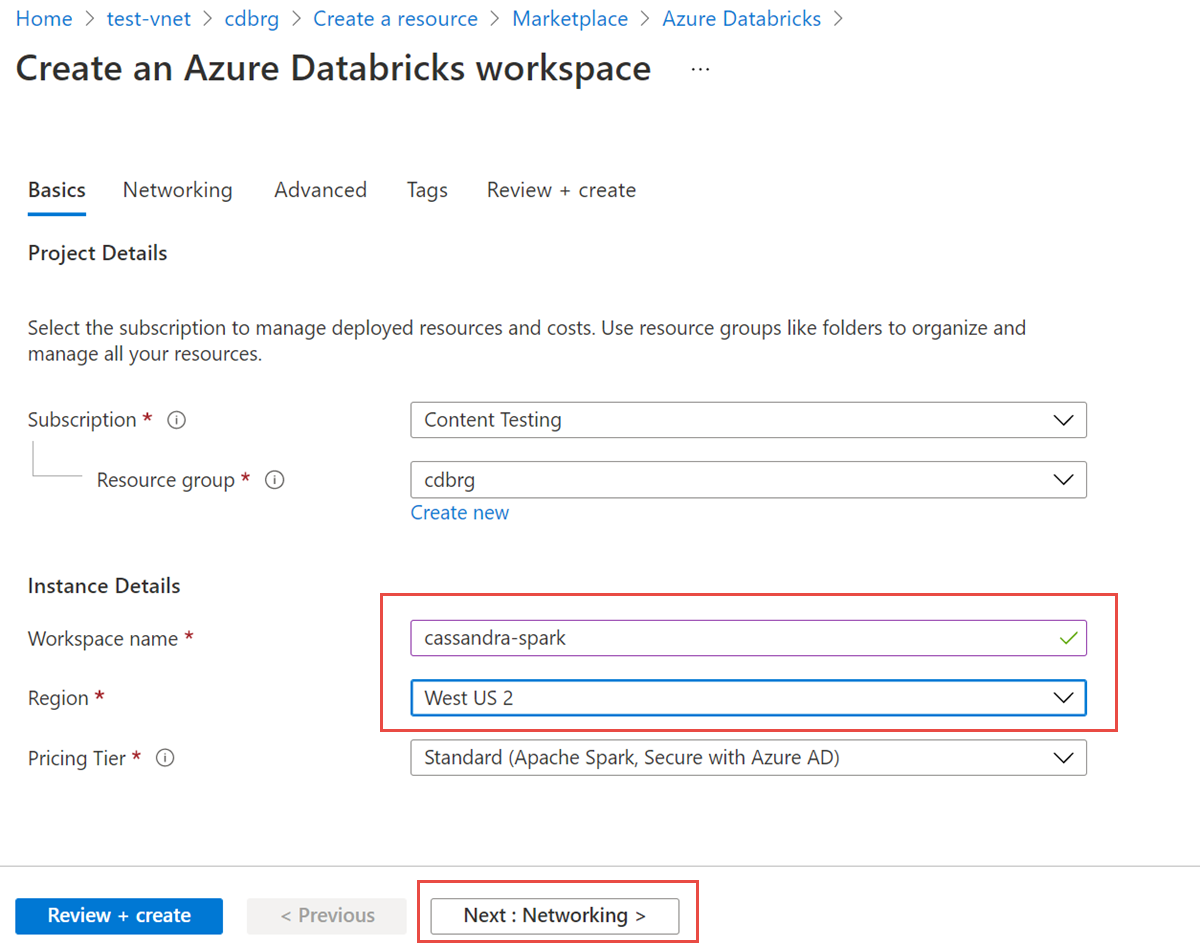 Captura de tela que mostra uma caixa de diálogo em que você pode inserir o nome, a região e o tipo de preço do workspace para a conta do Azure Databricks.