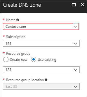 Captura de tela da criação de&nbsp;uma zona DNS no Azure.