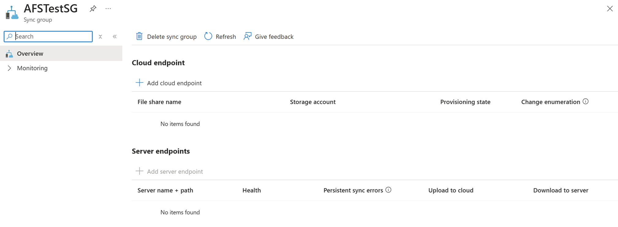 Captura de tela de informações sobre um grupo de sincronização no portal do Azure, sem nenhum ponto de extremidade na nuvem aparecendo.