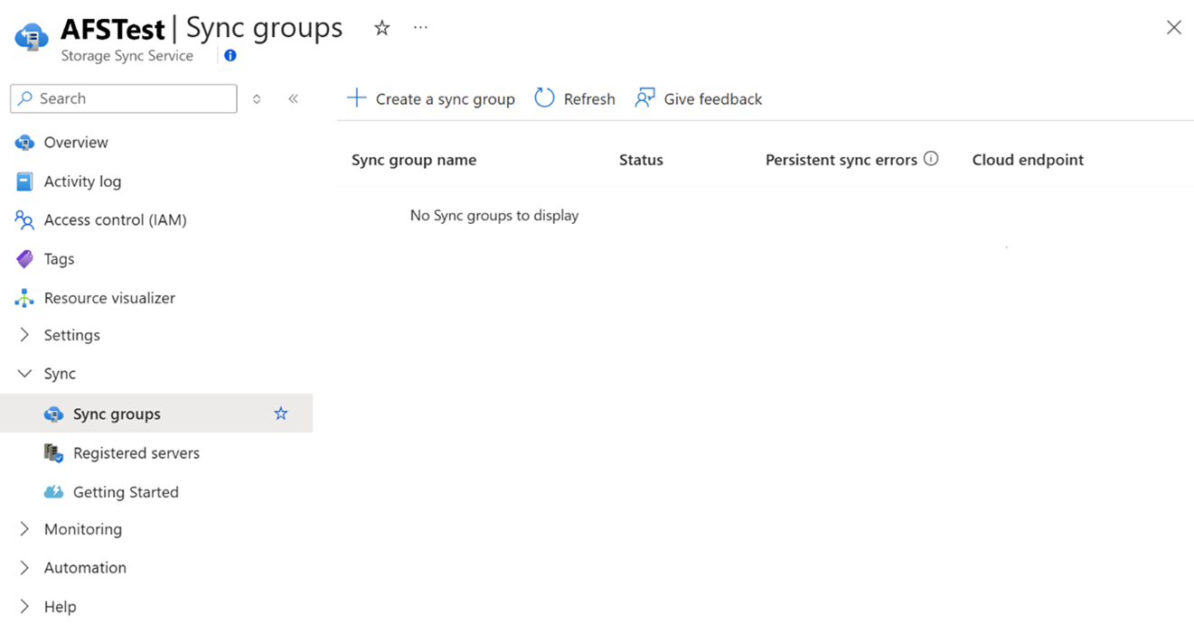 Captura de tela do painel para grupos de sincronização no portal do Azure.