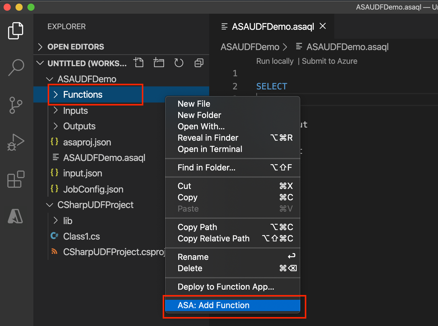 Adicionar nova função no projeto do Azure Stream Analytics
