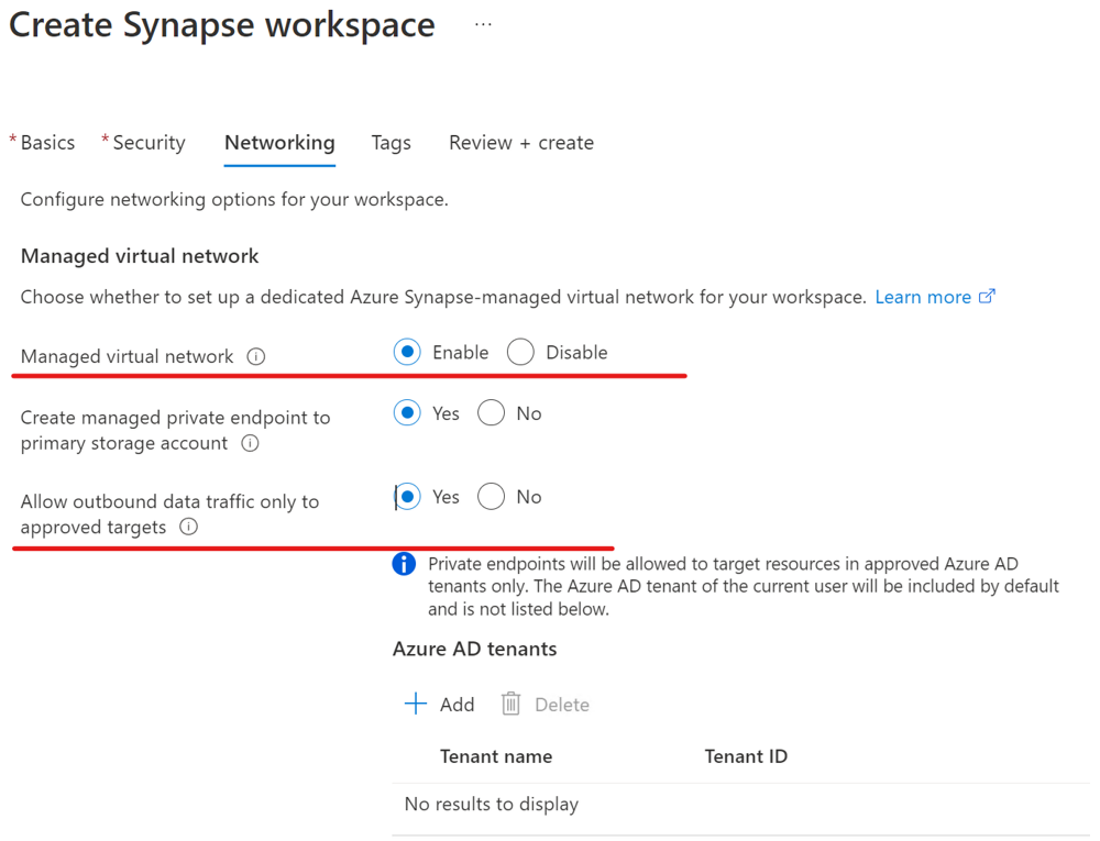 Captura de tela que mostra como criar um espaço de trabalho do Azure Synapse que não permite tráfego de saída.