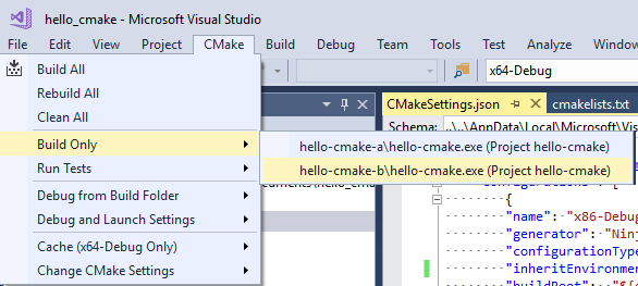 Captura de tela do menu principal do Visual Studio, aberto na opção CMake Build Only.