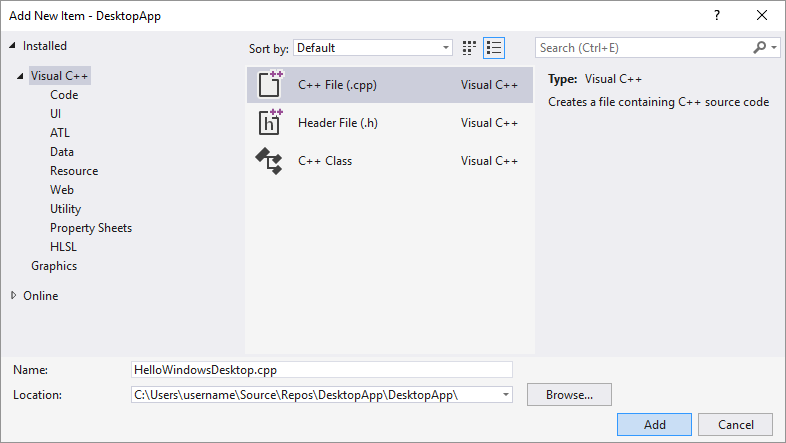 Captura de tela da caixa de diálogo Adicionar Novo Item no Visual Studio 2019. A opção C plus plus File (.cpp) está selecionada. O campo de nome é definido como Hello Windows Desktop.cpp.