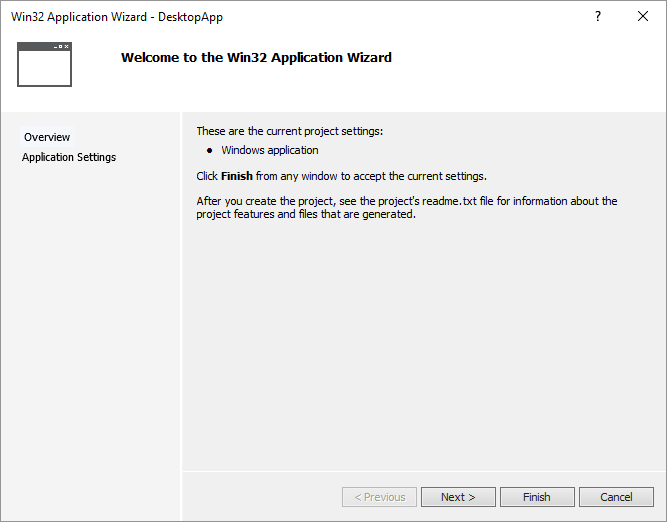 Captura de tela da caixa de diálogo no Visual Studio 2015 que mostra a página Visão geral do Assistente de Aplicativo Win32.