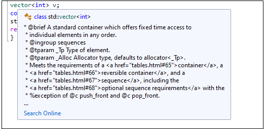 Captura de tela do pop-up GCC IntelliSense exibindo a documentação de cabeçalho.