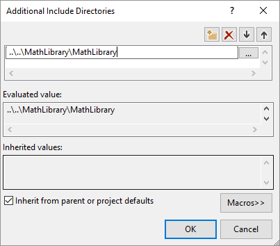 Captura de tela da caixa de diálogo Incluir Diretórios Adicionais mostrando o caminho relativo para o diretório MathLibrary.