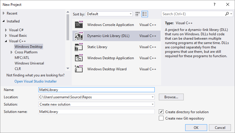 Captura de tela da caixa de diálogo Novo Projeto no Visual Studio 2017 mostrando 