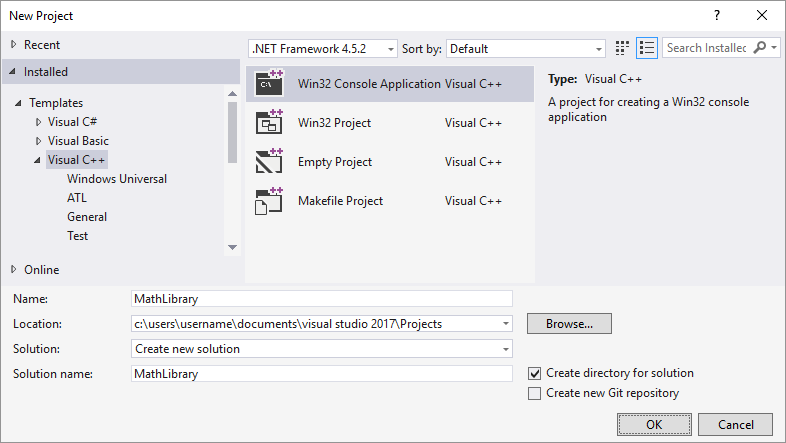 Captura de tela da caixa de diálogo Novo Projeto no Visual Studio 2015 mostrando MathLibrary na caixa de texto Nome.