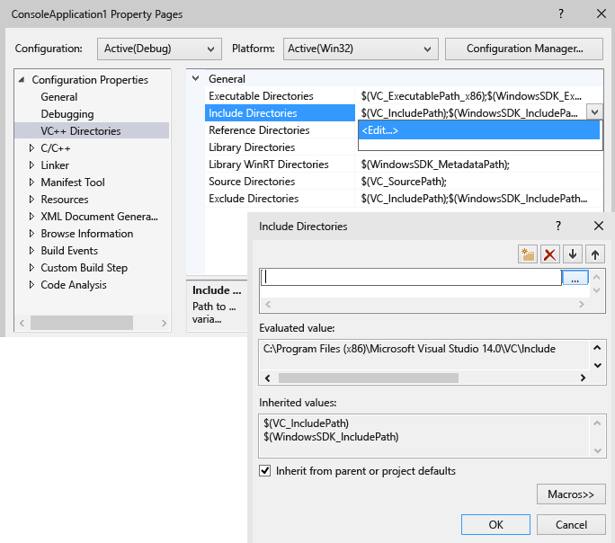 Captura de tela da página de propriedades do projeto do Visual Studio para Diretórios VC plus plus.