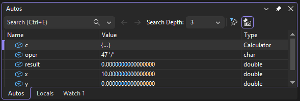 Captura de tela da janela Autos do depurador do Visual Studio.