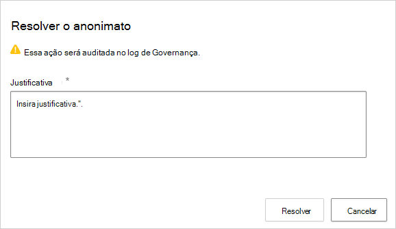 Captura de tela da caixa de diálogo Resolver em que uma justificativa de negócios é inserida antes de selecionar Resolver.