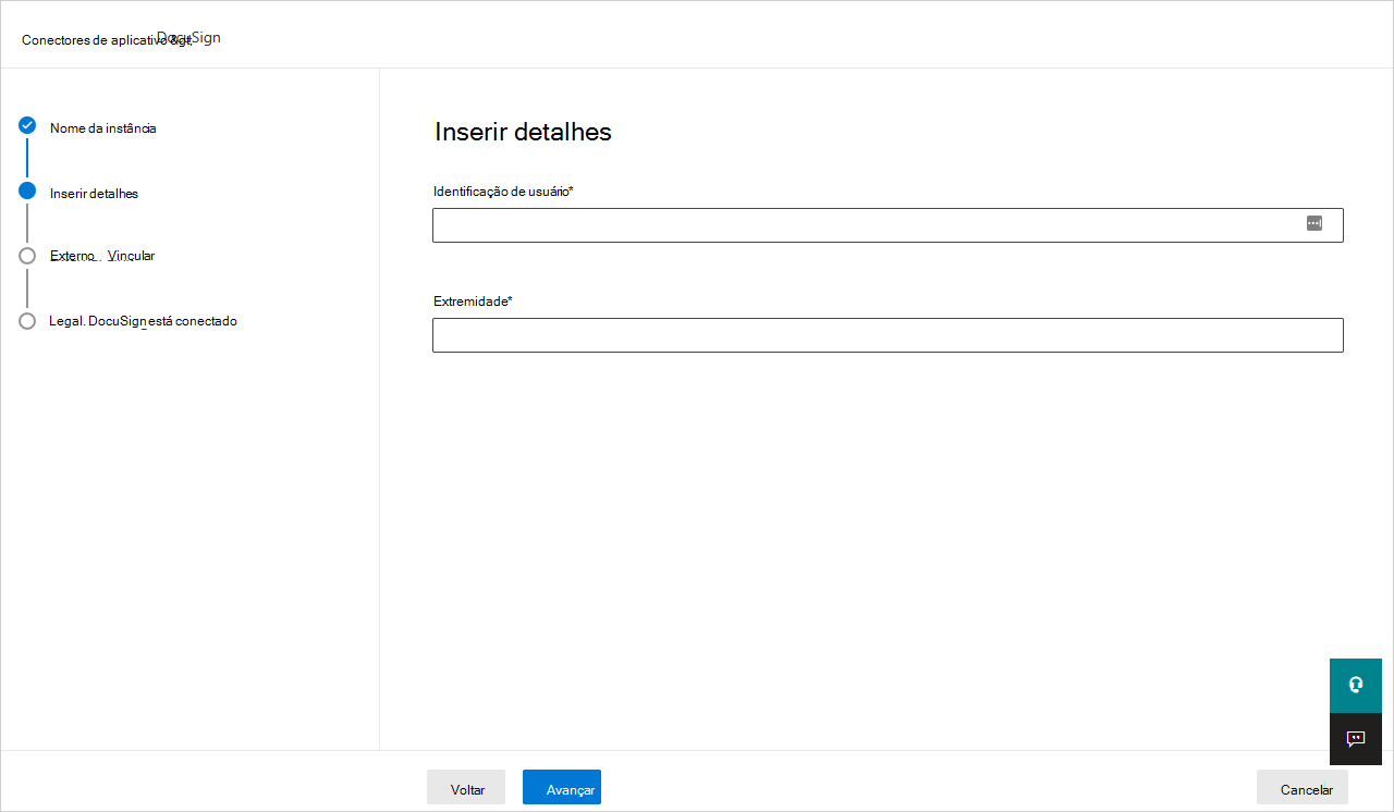 Captura de tela dos campos para inserir o ID do usuário do DocuSign e os detalhes do endpoint.