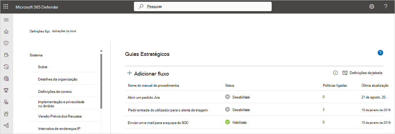 Captura de tela da página Configurações > Aplicativos de Nuvem > Sistema > Playbooks do portal Microsoft Defender, listando os playbooks disponíveis.