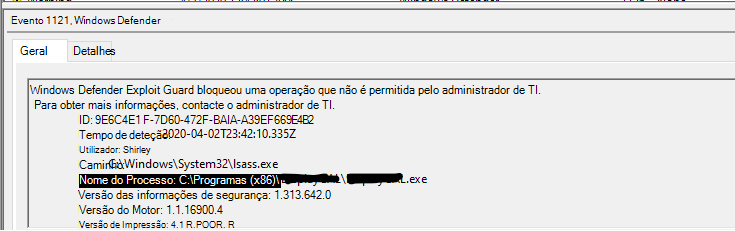 Captura de ecrã a mostrar o bloqueio do roubo de credenciais do LSASS.