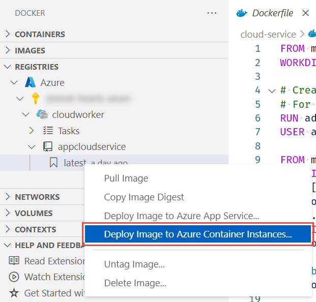 Visual Studio Code – Docker: implantar imagem em Instâncias de Contêiner do Azure