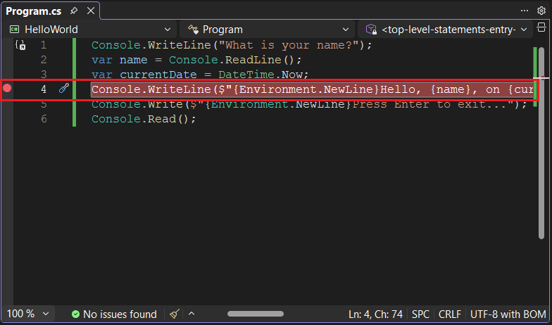 Janela do programa Visual Studio com ponto de interrupção definido