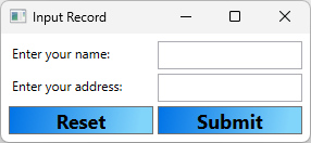 Uma captura de tela de um aplicativo WPF com duas caixas de texto rotuladas como nome e endereço. Dois botões estão visíveis. Um botão se chama 