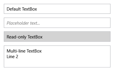 Captura de tela de quatro controles TextBox demonstrando estados diferentes.