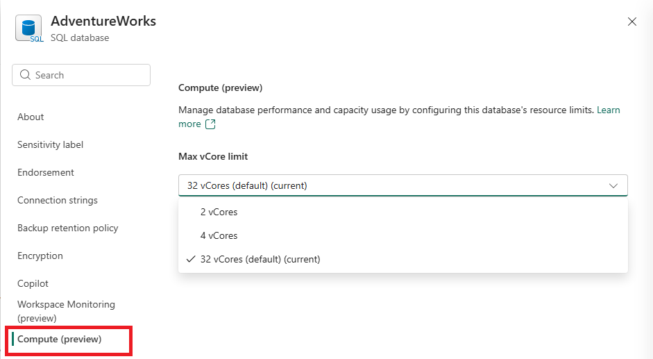 Captura de tela do portal do Fabric mostrando como configurar o limite máximo do v Core para um banco de dados SQL.