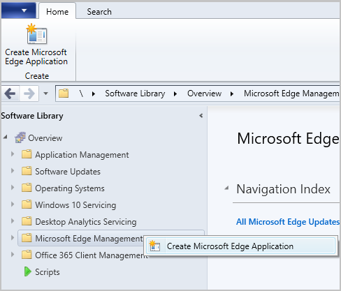 Ação de clique com o botão direito do rato no nó de Gestão do Microsoft Edge