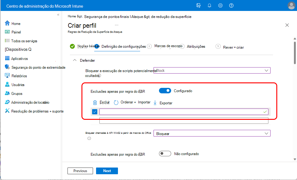 Captura de ecrã da definição Apenas ASR \Por Exclusões de Regra.