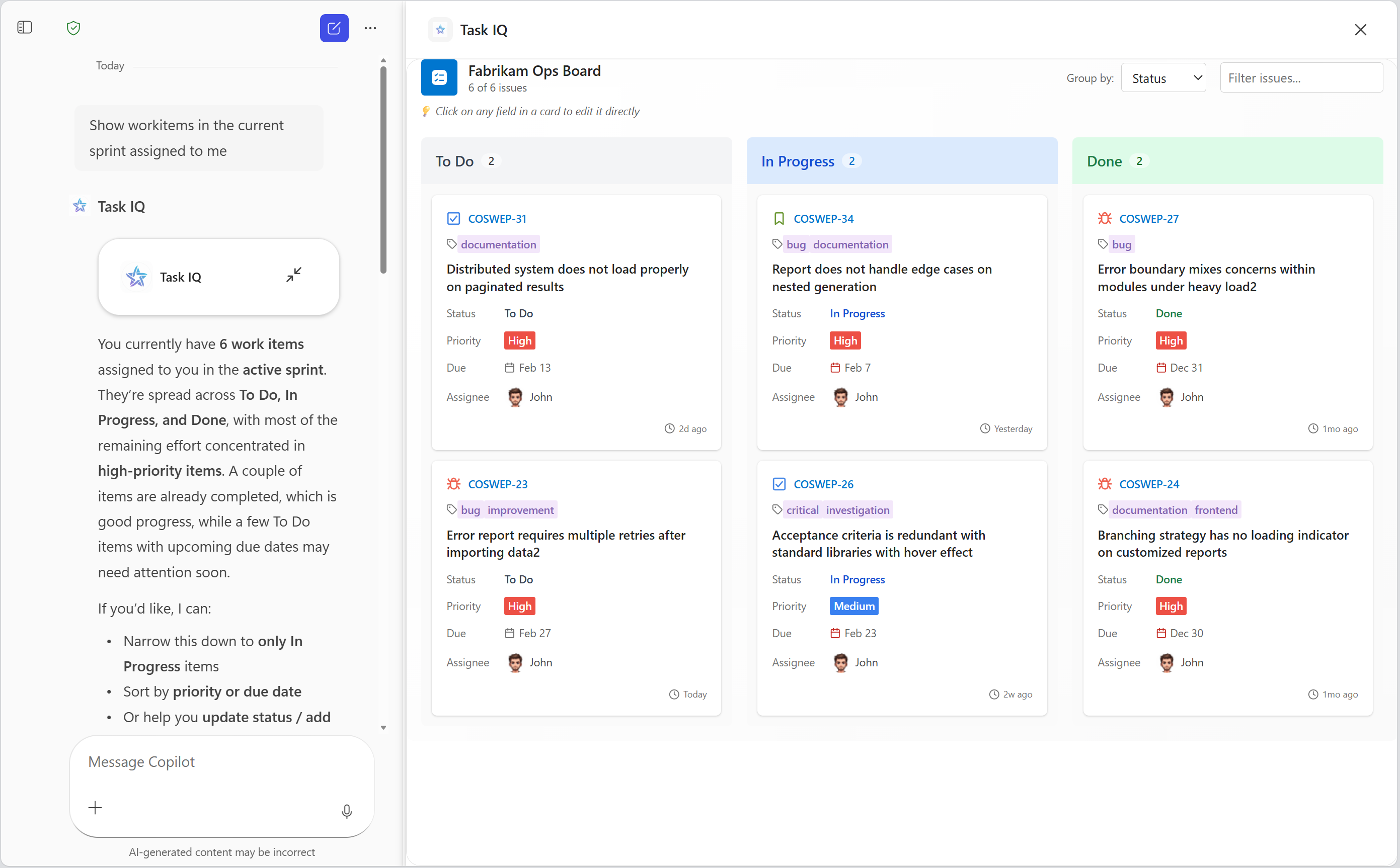 Uma captura de ecrã de uma aplicação MCP a compor um widget de tarefas sprint no modo de ecrã inteiro no Microsoft 365 Copilot