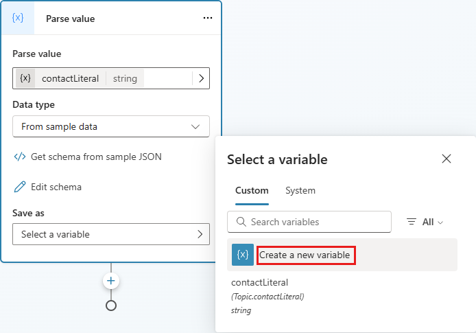 Captura de tela mostrando como criar uma variável para manter um valor analisado diretamente do nó Analisar valor.