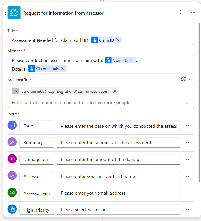 Captura de tela de uma ação de Solicitar informações totalmente configurada no Copilot Studio.