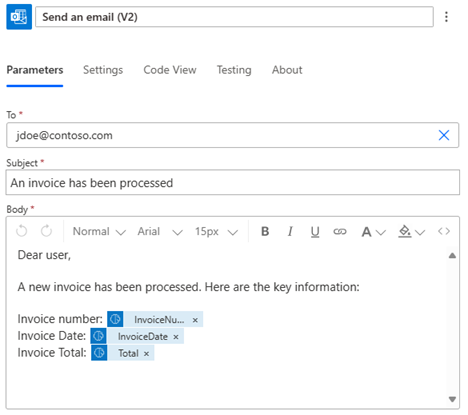 Captura de tela de um corpo de email mostrando campos JSON.