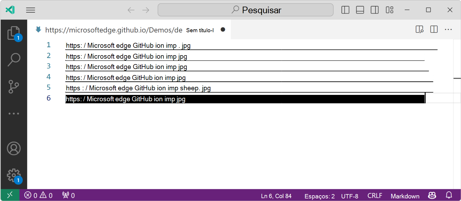 A lista de URLs de imagem num editor de texto