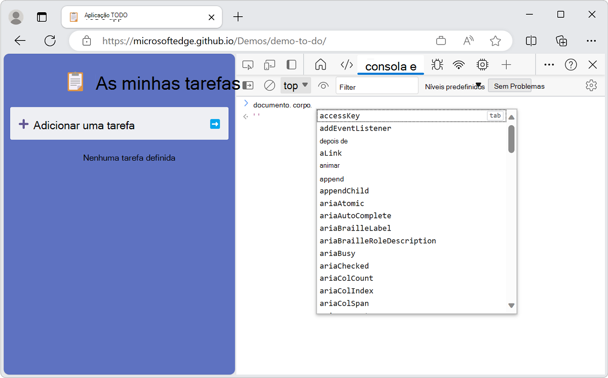 Conclusão automática da consola de expressões JavaScript