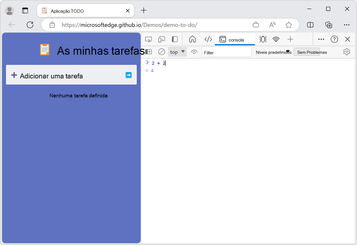 A Consola apresenta o resultado de 2+2 dinâmicos à medida que o escreve