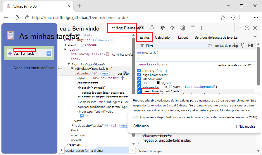 A descrição com documentação numa propriedade CSS