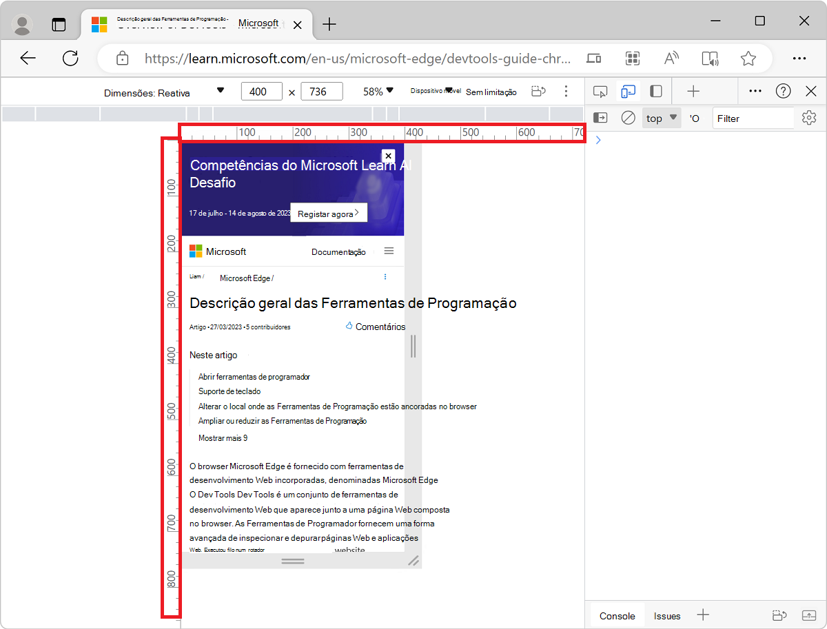 Réguas acima e à esquerda da janela viewport