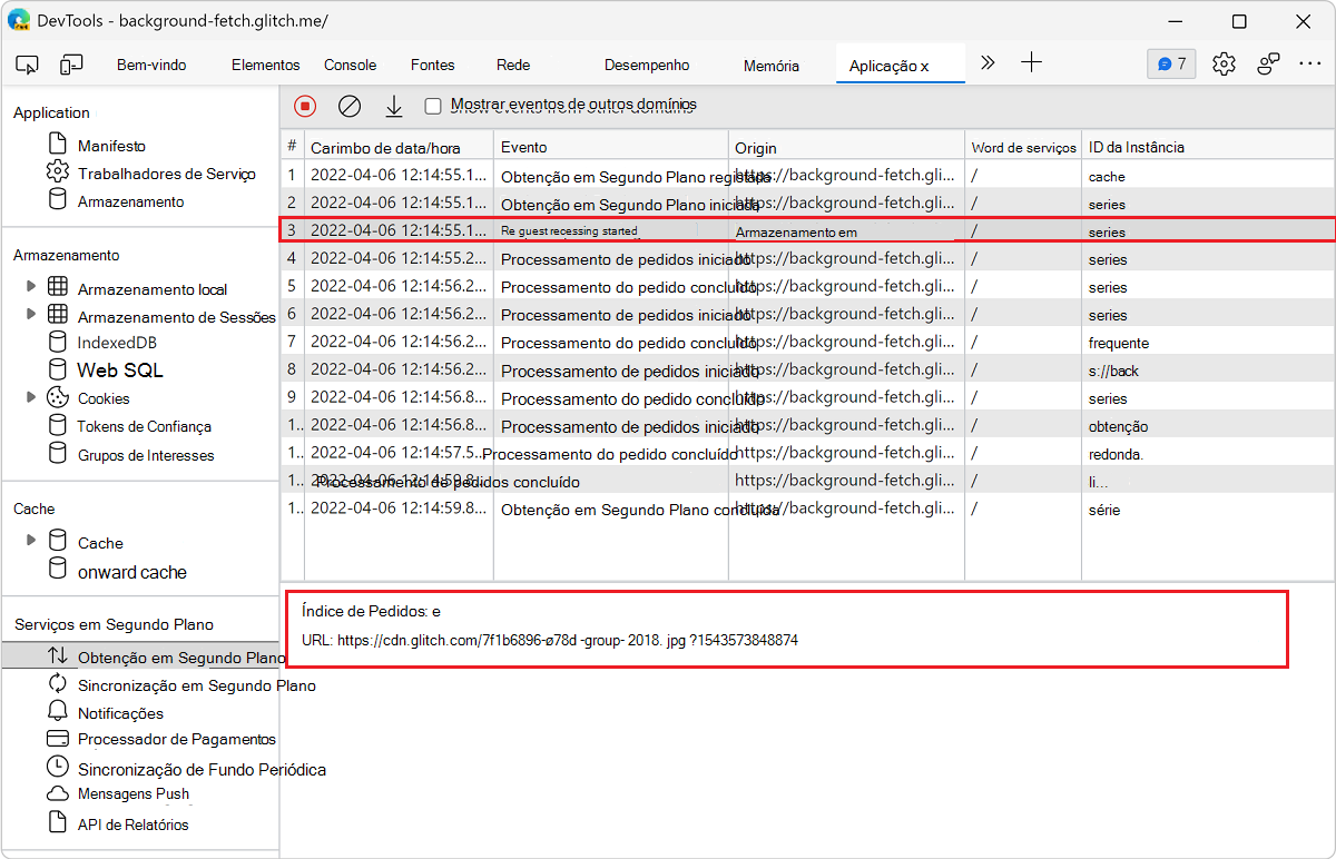 Exibir os detalhes de um evento no painel Busca em segundo plano