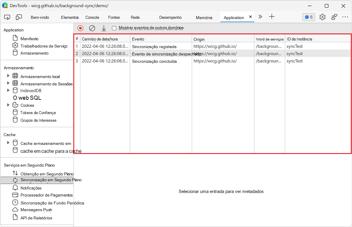 Um log de eventos no painel Sincronização em Segundo Plano