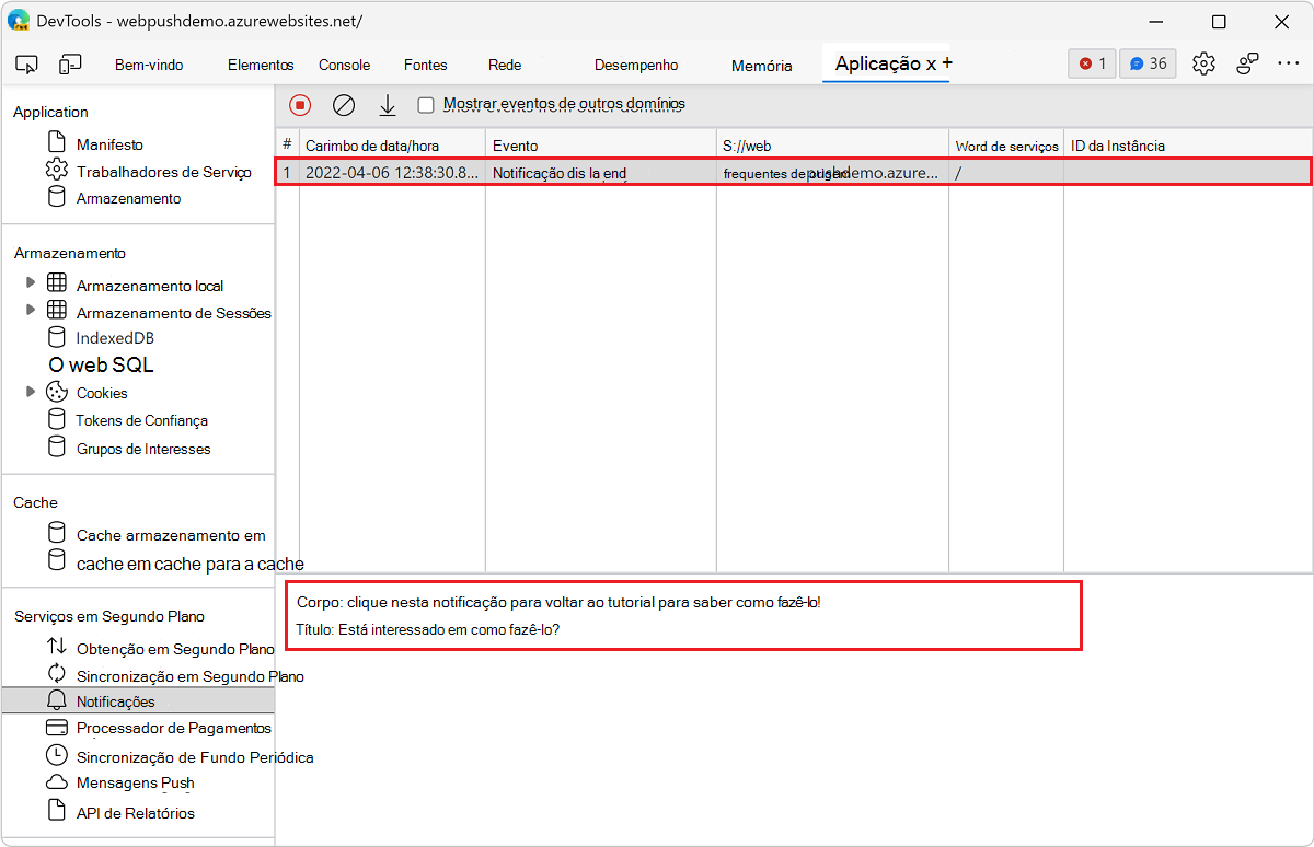 Exibir os detalhes de um evento no painel Notificações